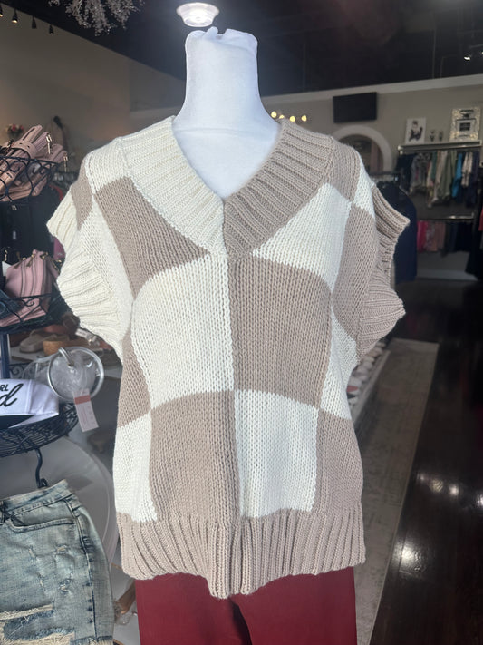 Ribbed V-Neck Checkered Sweater Vest